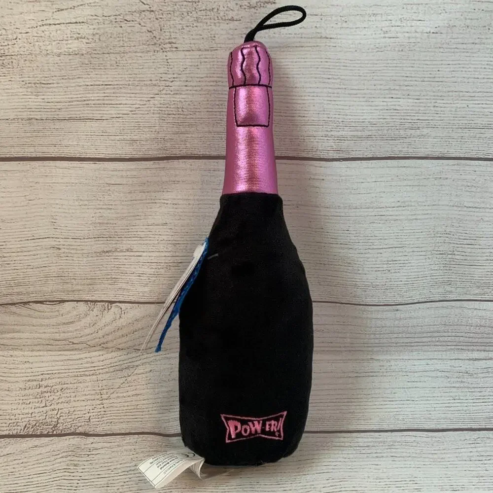 Lulubelles Dog Toy Plush Stuffed Pink & Black Champagne Bottle Squeaky NEW 13